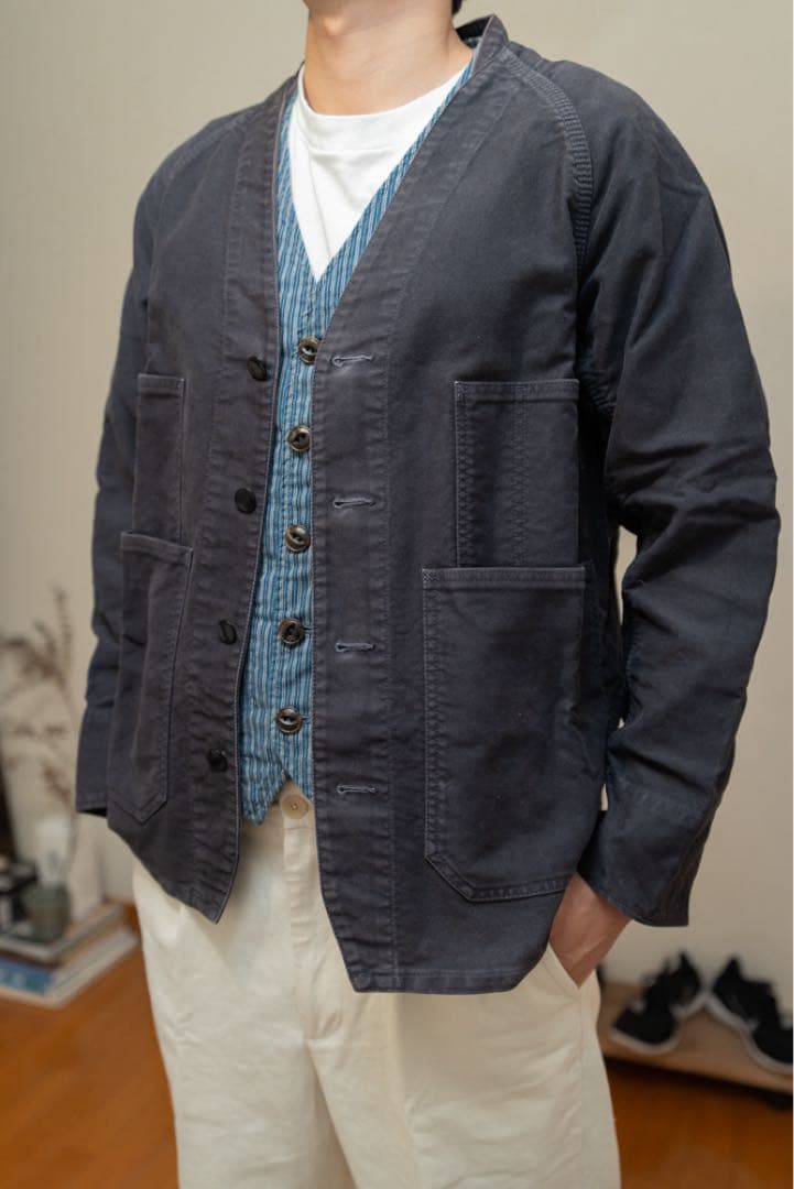 ネイビー コットン ノーカラージャケット