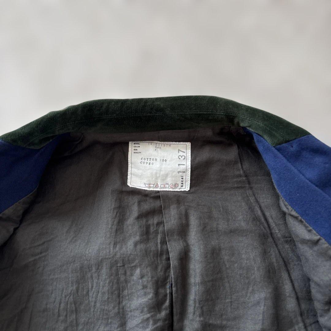 美品【ベロアきりかえ】サカイ　テーラード ジャケットM 紺　コットン