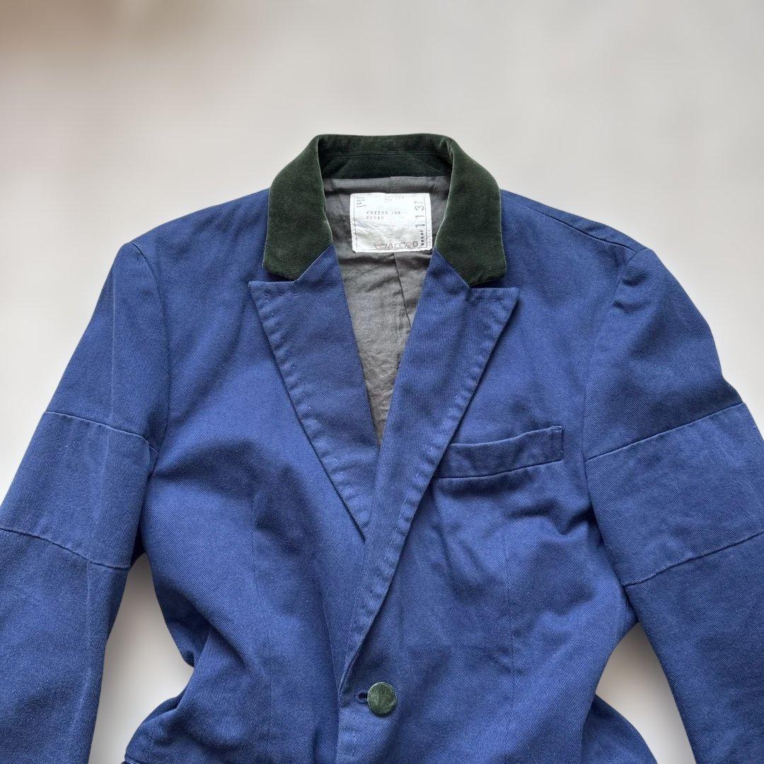 美品【ベロアきりかえ】サカイ　テーラード ジャケットM 紺　コットン