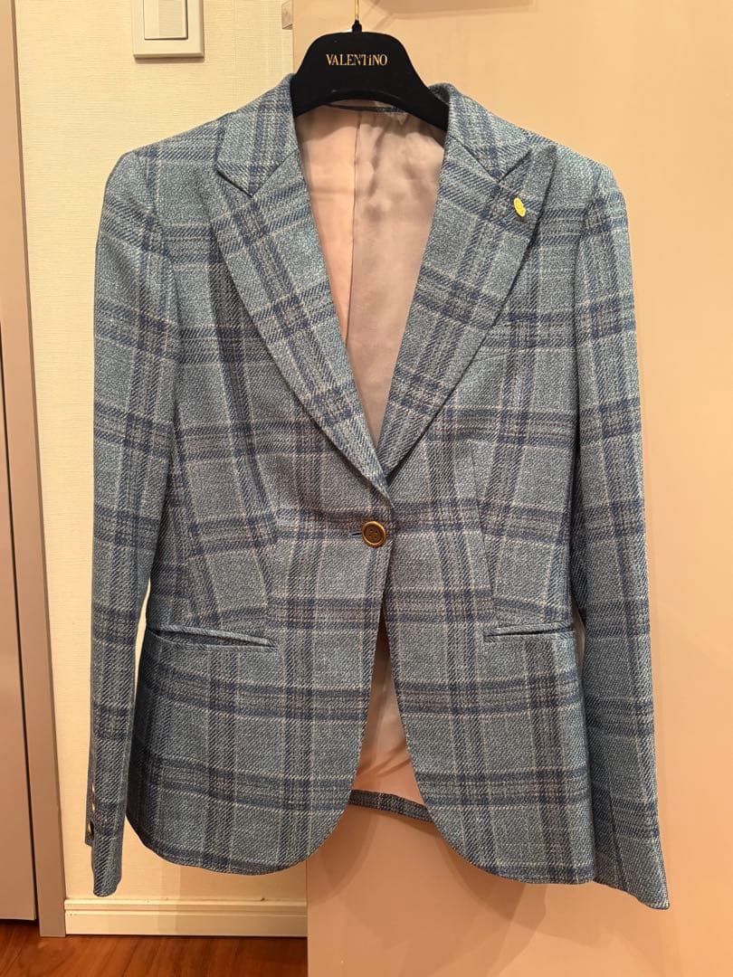 水色 チェック柄 テーラード　スーツ