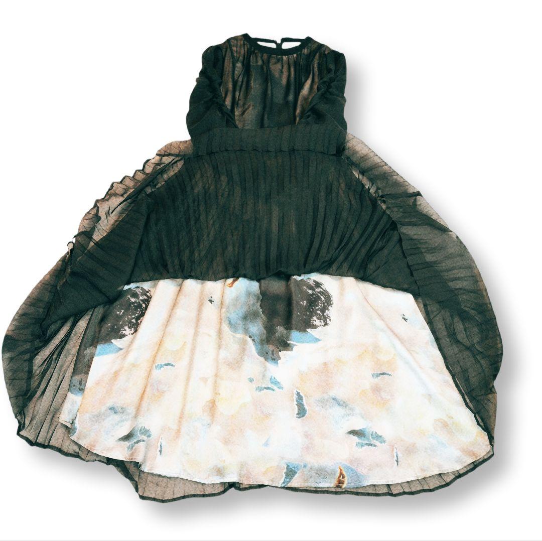 美品☆ カラルス プリント重ねシフォンプリーツデザイン ロング丈 ワンピース