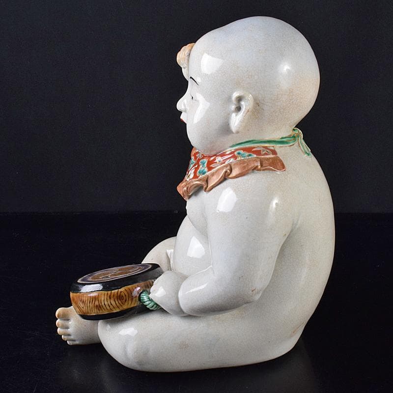 ちゅーちゃん 　古伊万里　陶人形　色絵　太鼓打唐子像　置物　M　R7926