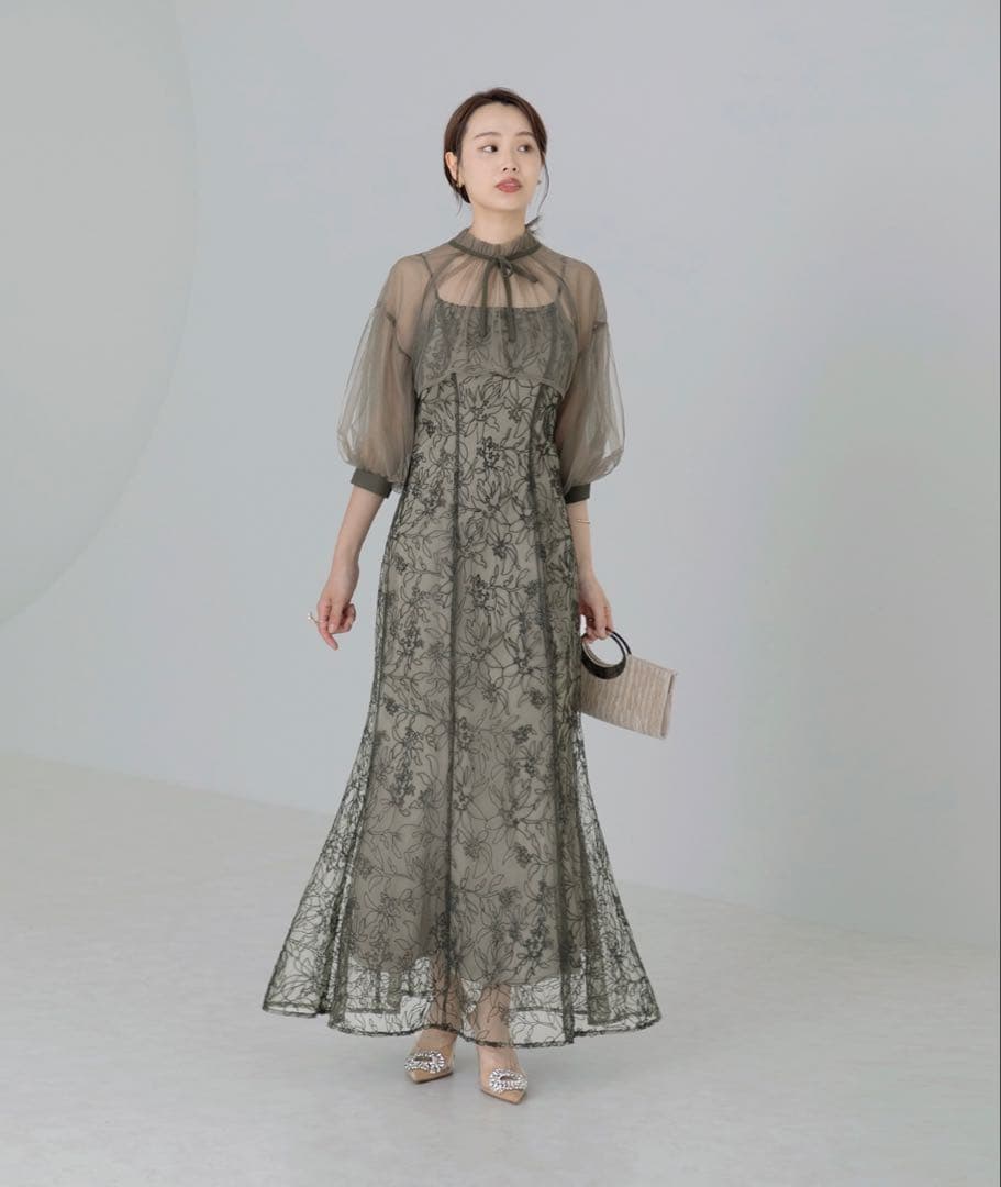 leja オリーブグリーン フラワー刺繍 オケージョンドレス M