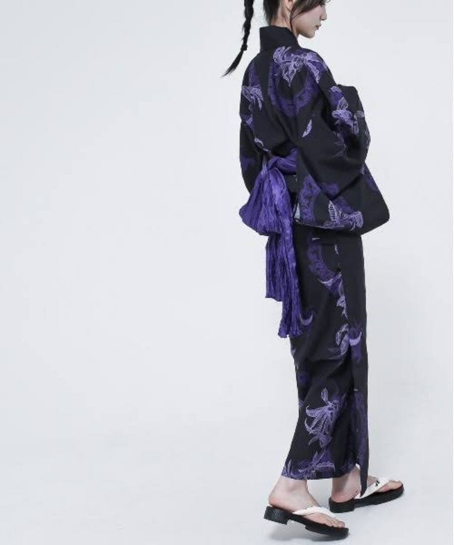 REFLEM【レフレム】総柄浴衣 黒 (浴衣・帯・腰紐・手袋4点セット)