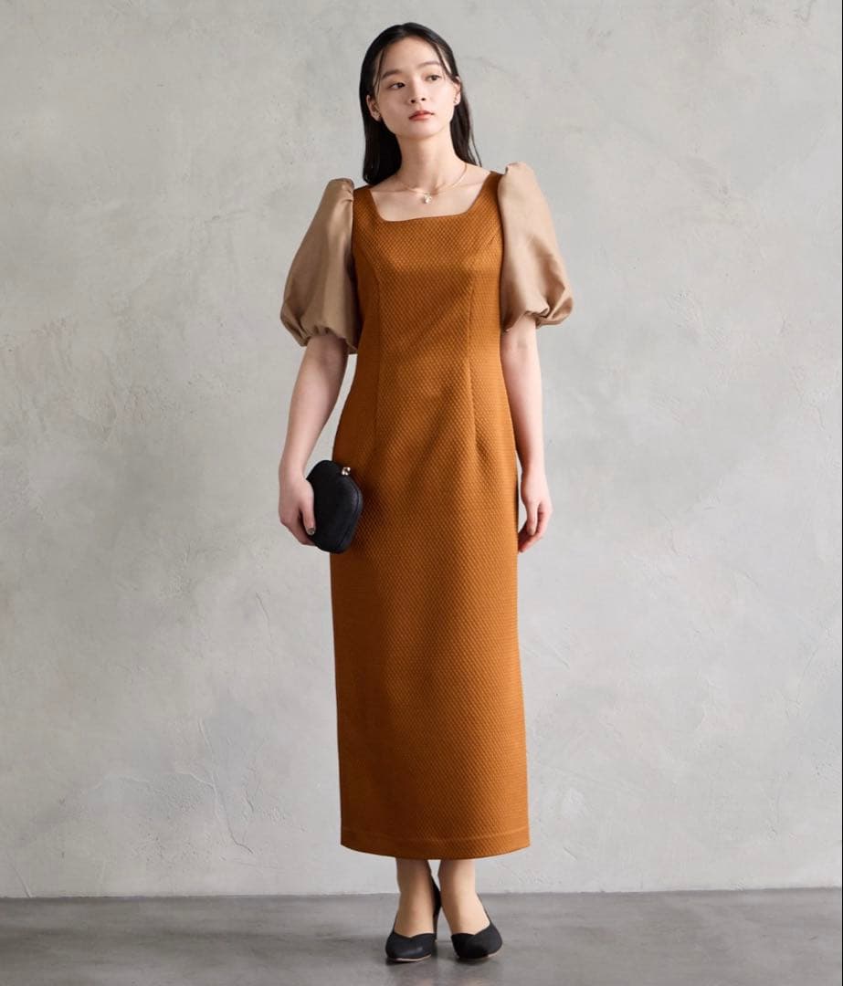 AIMER ジャカード×オーガンジーボリュームスリーブタイト　パーティードレス