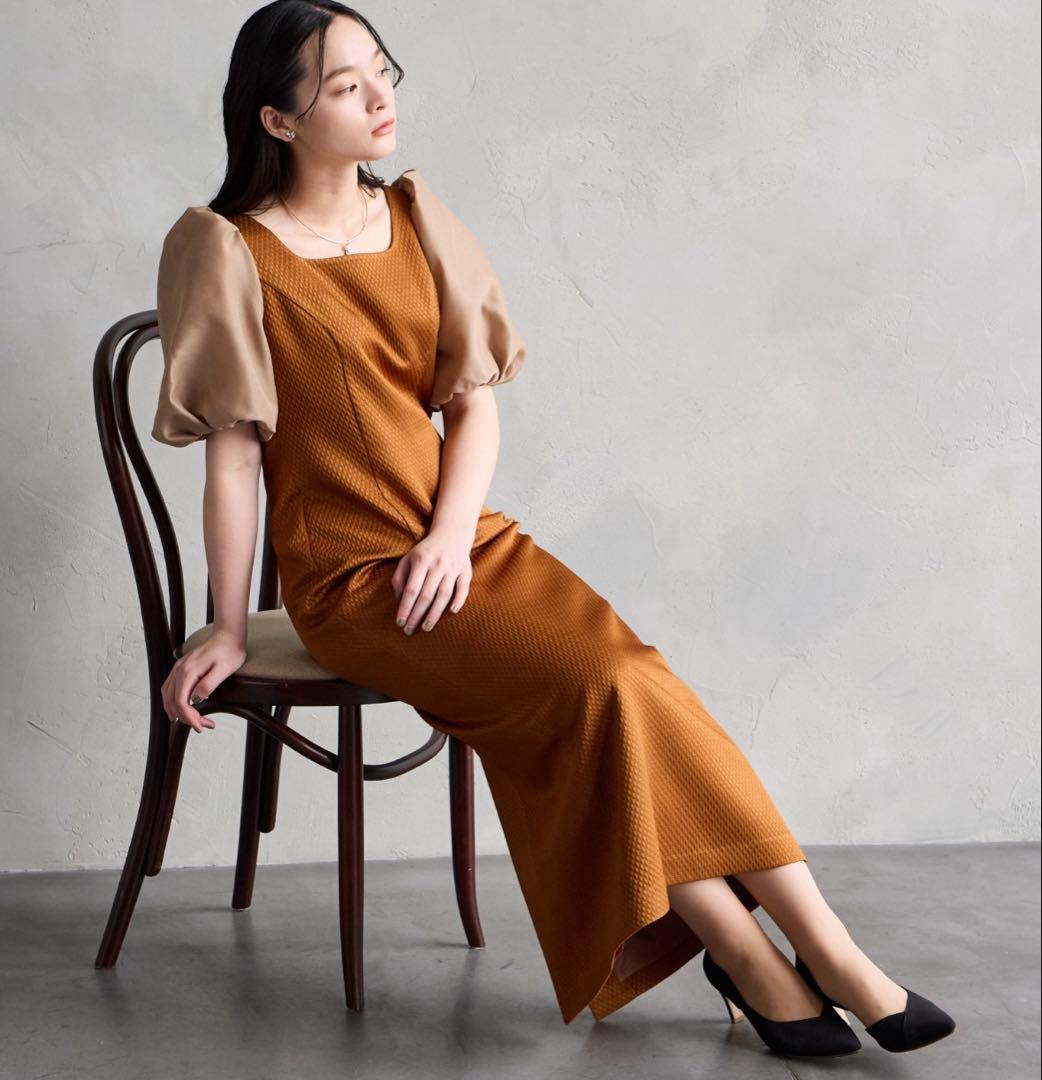 AIMER ジャカード×オーガンジーボリュームスリーブタイト　パーティードレス