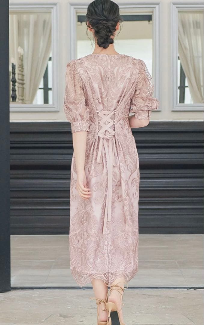 haremode 刺繍レース バックリボン タイトドレス