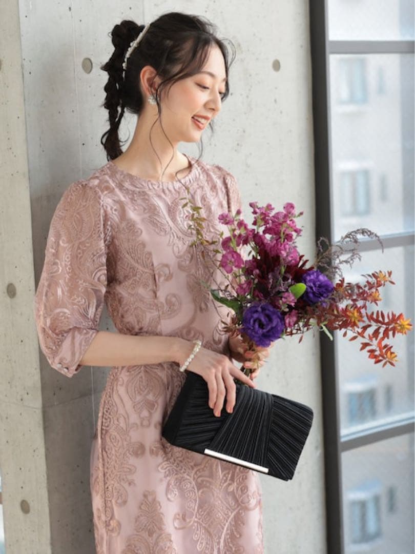 haremode 刺繍レース バックリボン タイトドレス