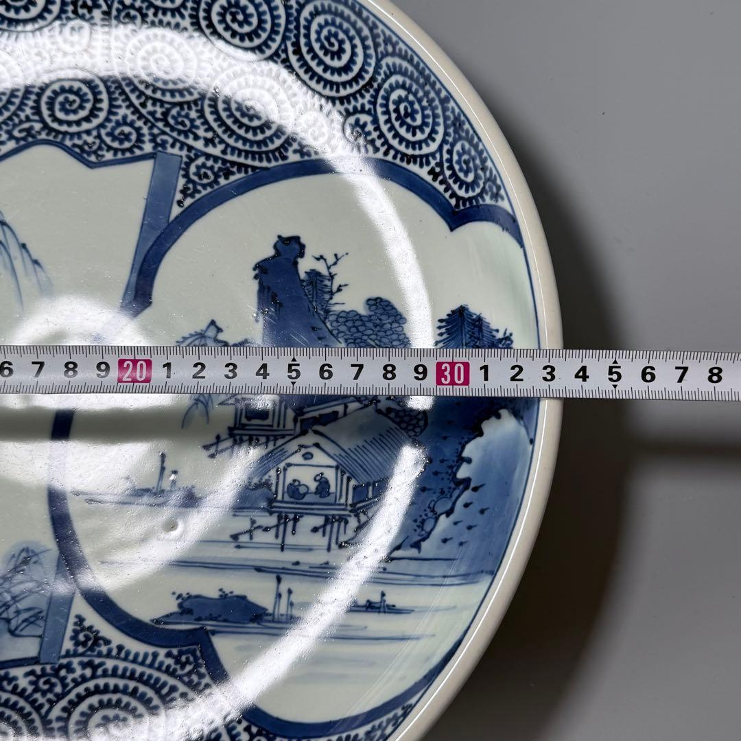 藍柿右衛門　渦福　染付白鷺図蛸唐草文様大皿　直径33cm　扇子　窓絵