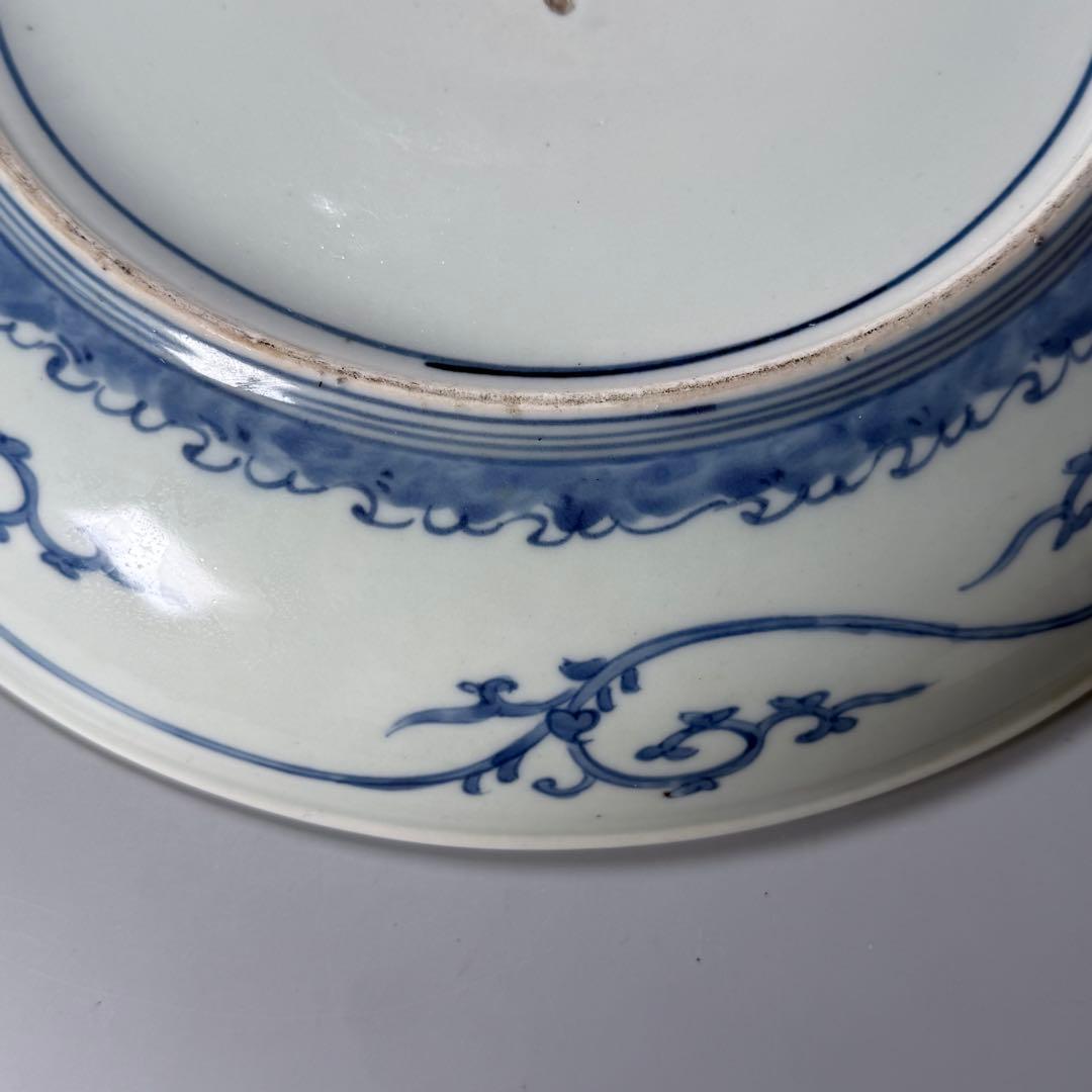 藍柿右衛門　渦福　染付白鷺図蛸唐草文様大皿　直径33cm　扇子　窓絵