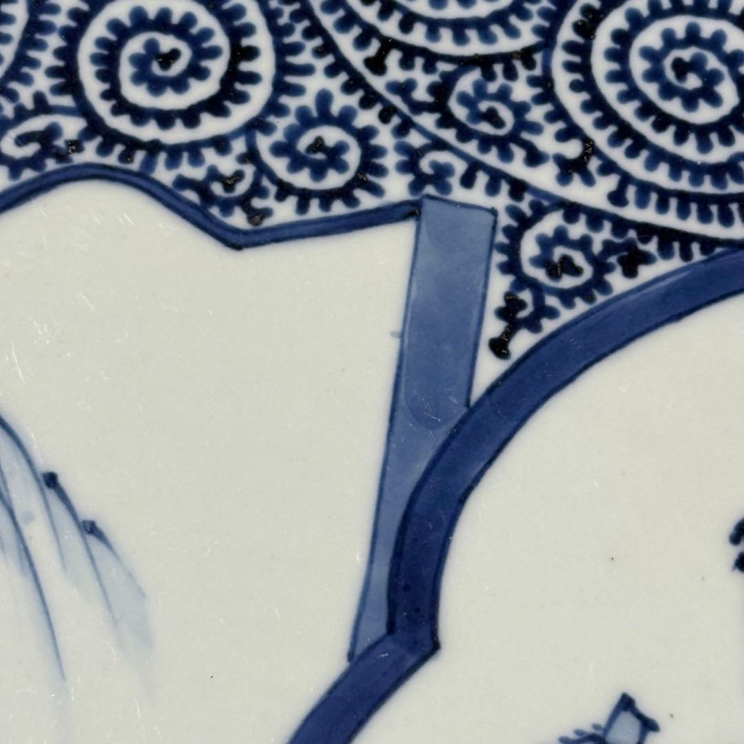 藍柿右衛門　渦福　染付白鷺図蛸唐草文様大皿　直径33cm　扇子　窓絵