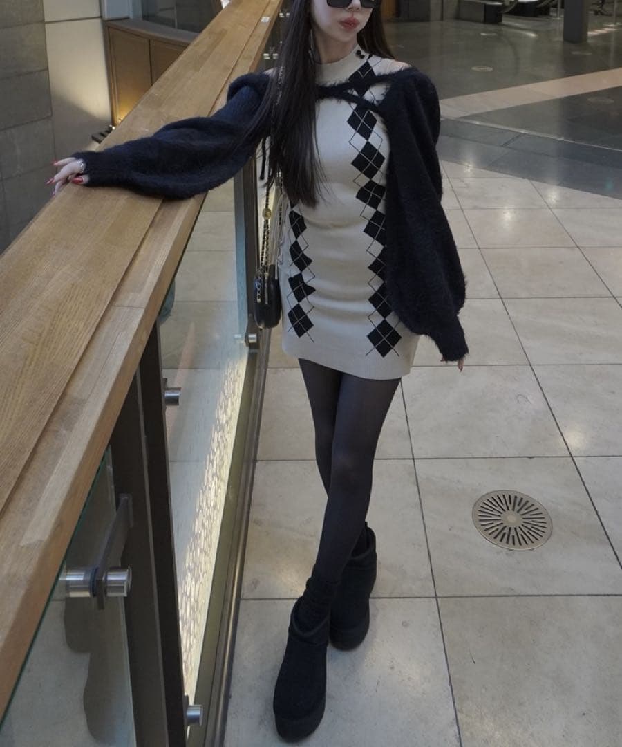 アーガイルリボンワンピ×2way カーディガンセット♡