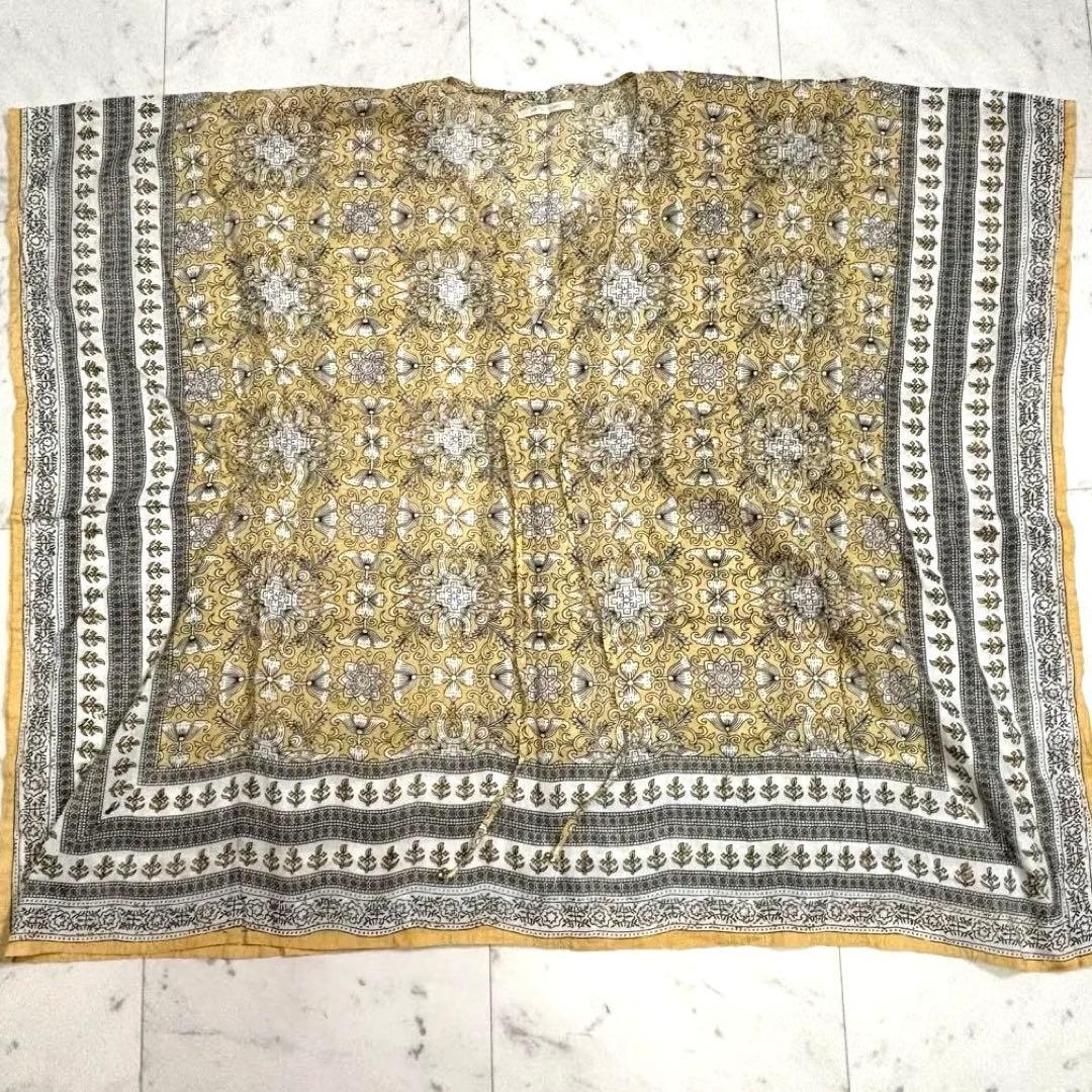 美品 ヌキテパ バンダナパターン スキッパーブラウス チュニック丈 総柄 黄