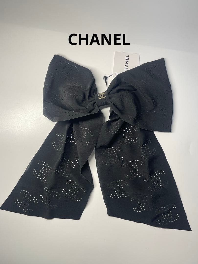 CHANEL23Bココステッチ総柄シフォンリボン付バレッタ