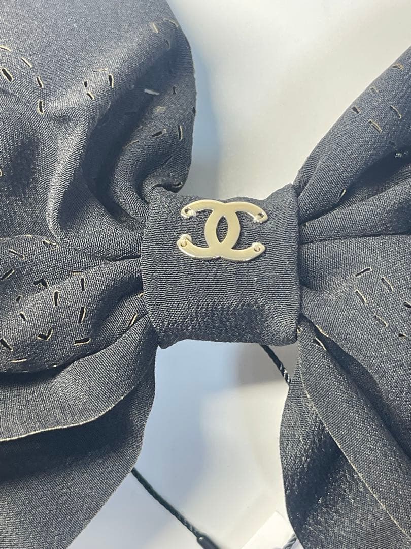 CHANEL23Bココステッチ総柄シフォンリボン付バレッタ
