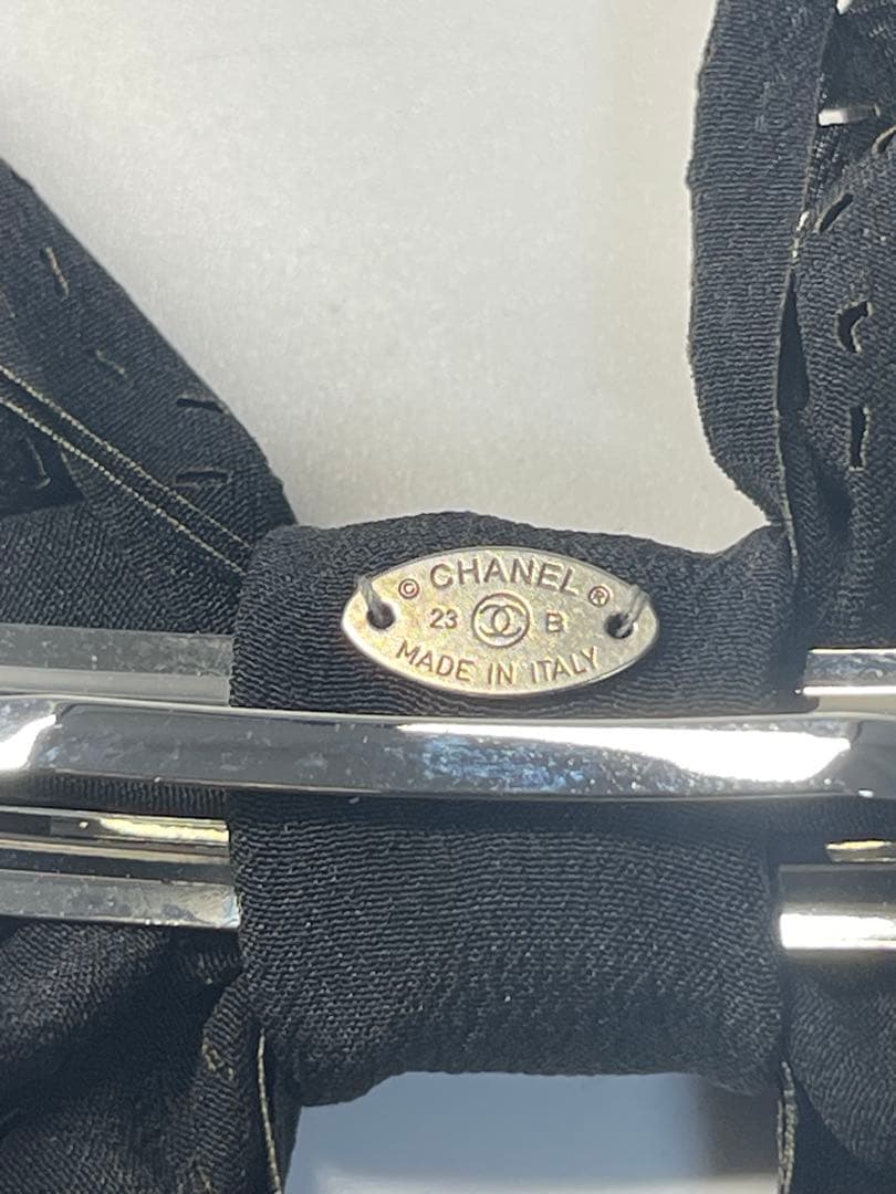 CHANEL23Bココステッチ総柄シフォンリボン付バレッタ