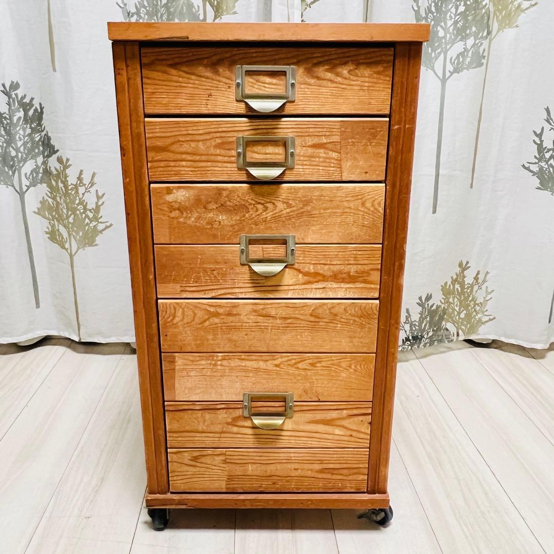 アンティーク調 木製多段チェスト（4段/キャスター付）天然木 道具入れ 書類棚