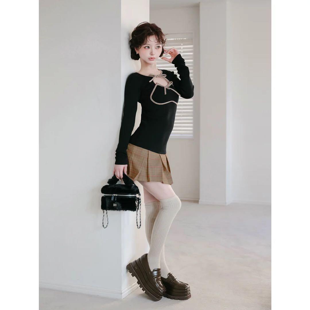 新品タグ付 ダーリッチ ポイントチェックニットミニワンピース フリー ブラック