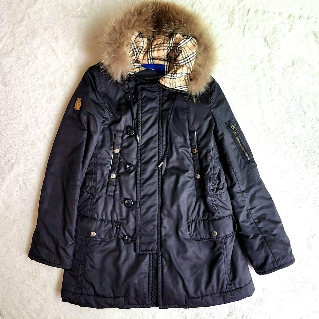 バーバリー ノバチェック裏地 モッズコート 中綿コート ラクーンファー 38