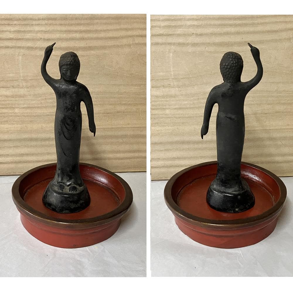 y056 古銅 誕生仏 高さ15cm 寄木台付 時代 仏像 仏教美術