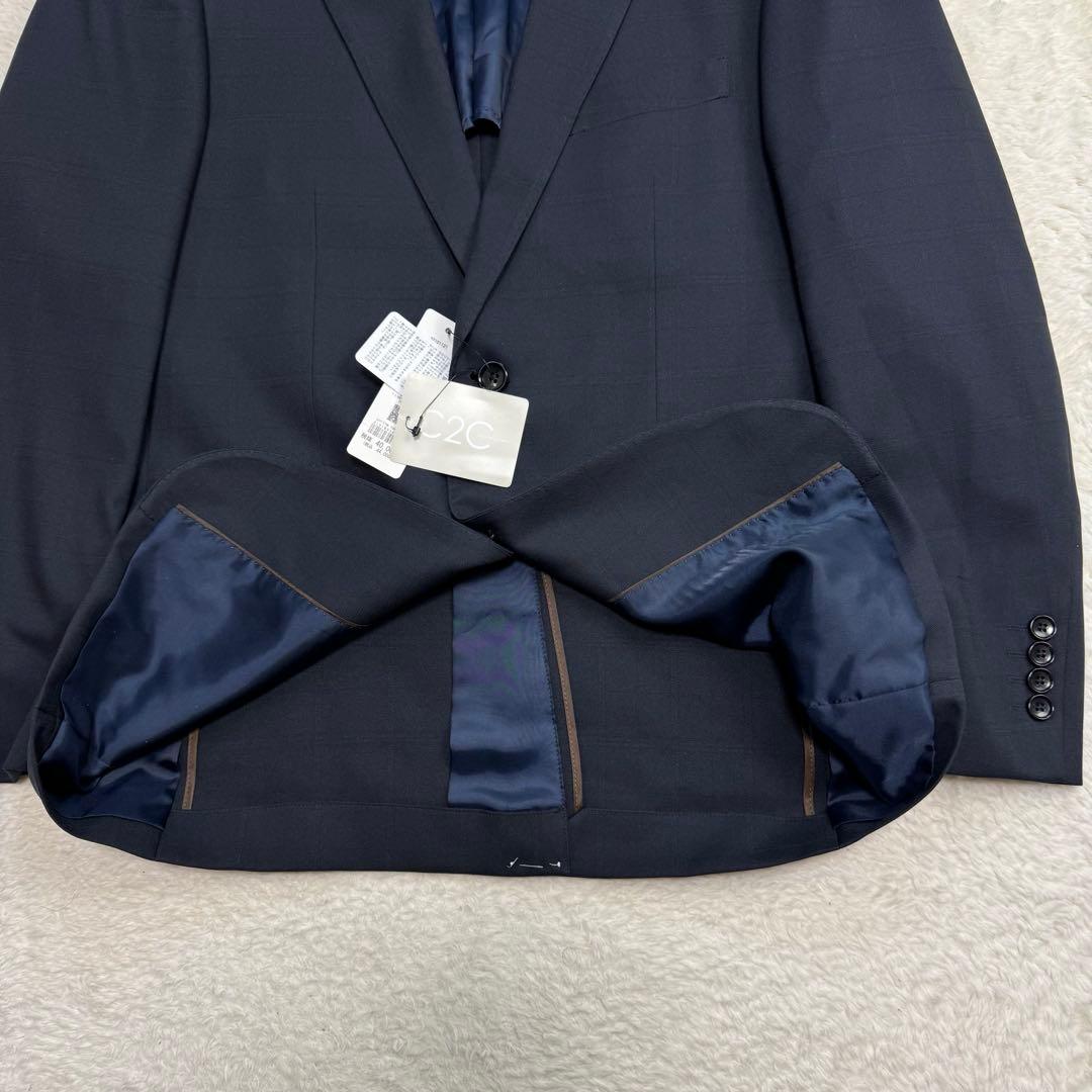 タグ付き 3点セットTAKA-Q ストレッチセットアップスーツ チェック紺