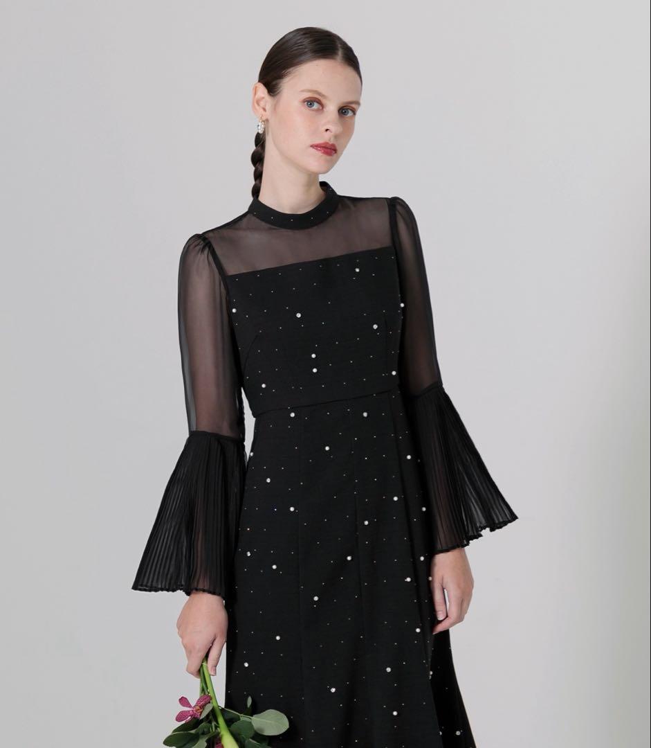 LEJA パールビジュープリーツフレアスリーブマーメイドワンピースドレス