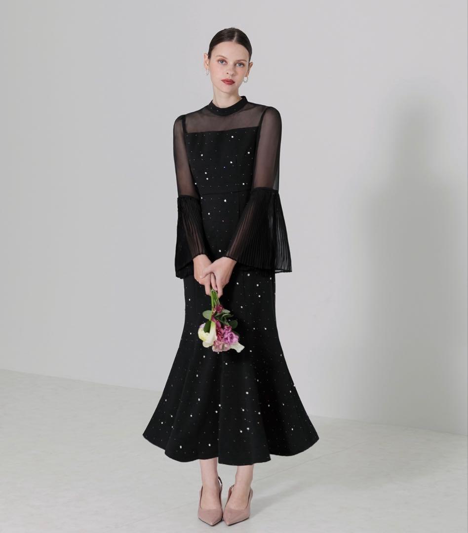 LEJA パールビジュープリーツフレアスリーブマーメイドワンピースドレス