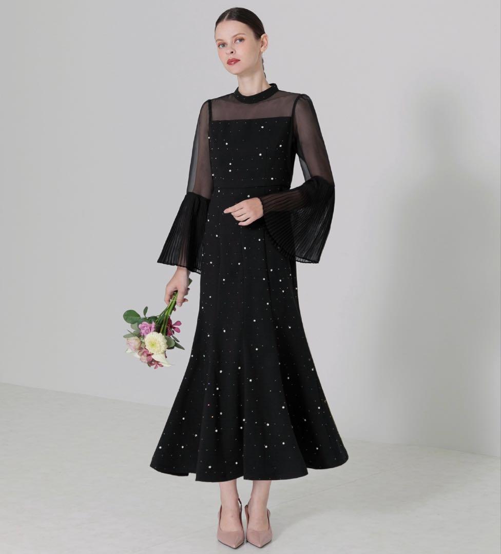 LEJA パールビジュープリーツフレアスリーブマーメイドワンピースドレス