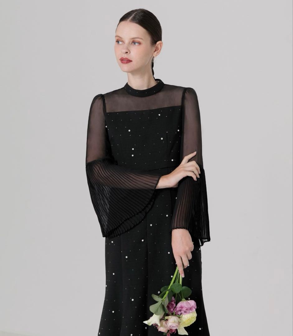 LEJA パールビジュープリーツフレアスリーブマーメイドワンピースドレス