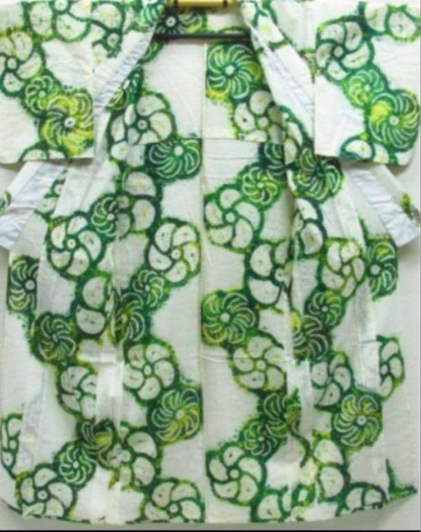 有松鳴海総絞り浴衣、身丈150cmグリーン系