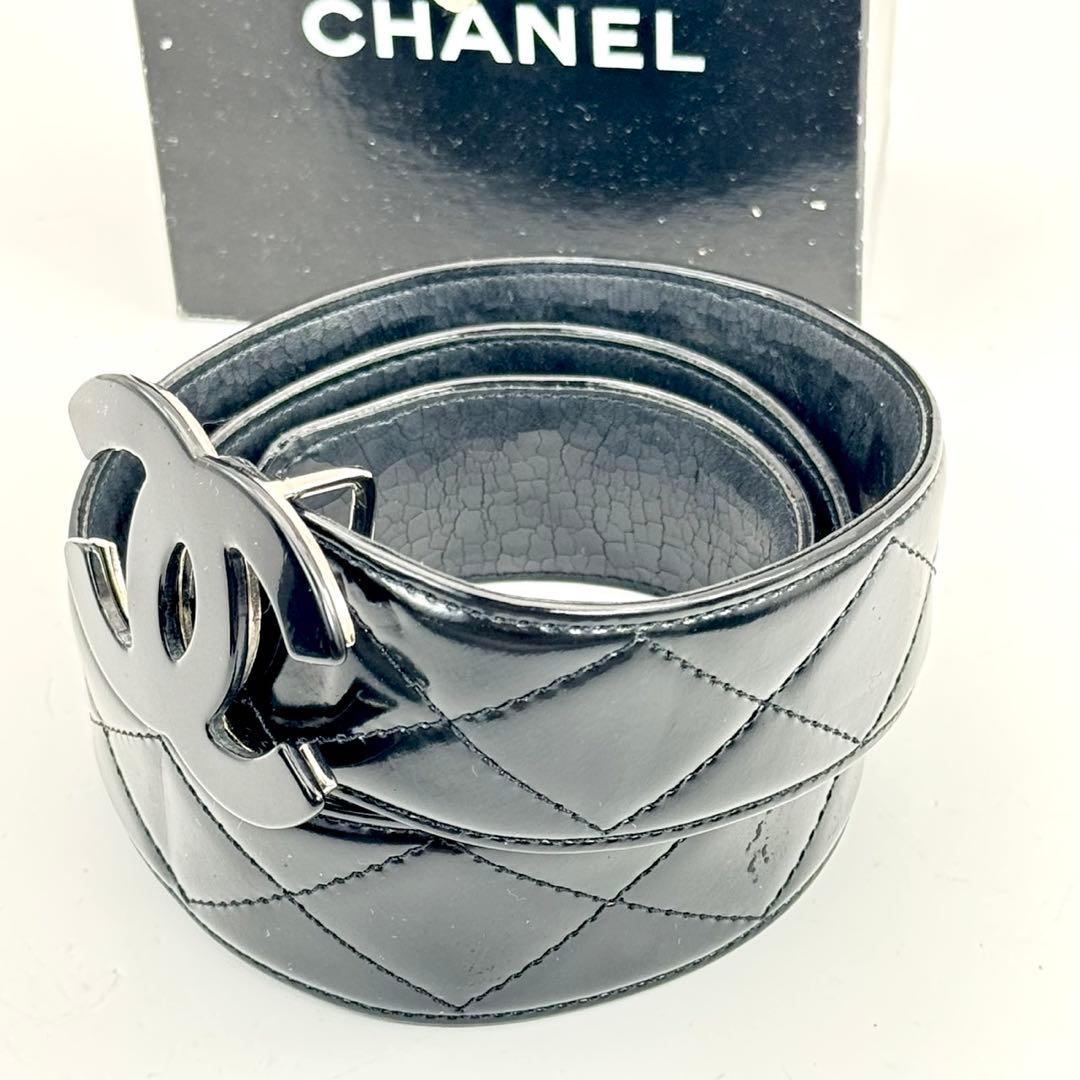 CHANEL ブラック　ココマーク　ベルト　マトラッセ　　パテントレザー　保存箱