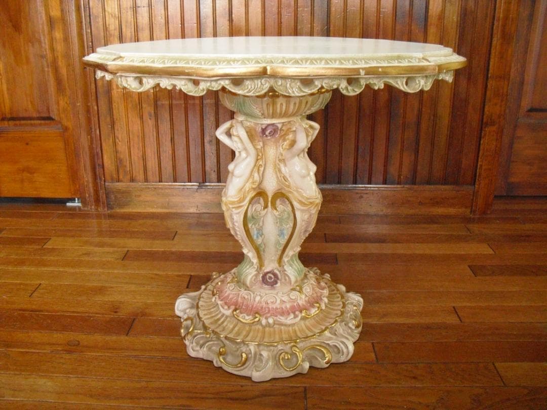 イタリア製 優雅なロココ様式サイドテーブル☆女神金彩クラック塗装オブジェ置物