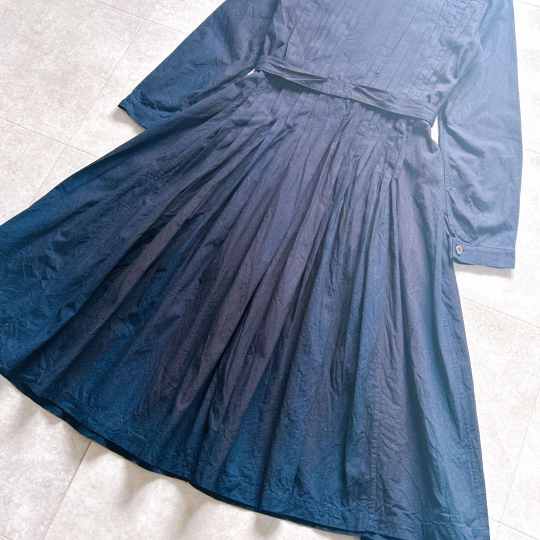 美品✨45R ロングワンピース インディゴ ベルト フレア ピンタック R刺繍