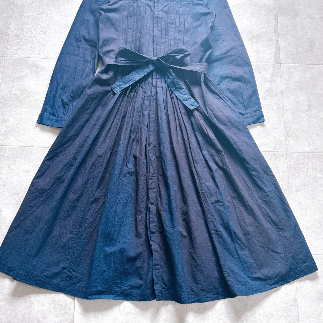 美品✨45R ロングワンピース インディゴ ベルト フレア ピンタック R刺繍