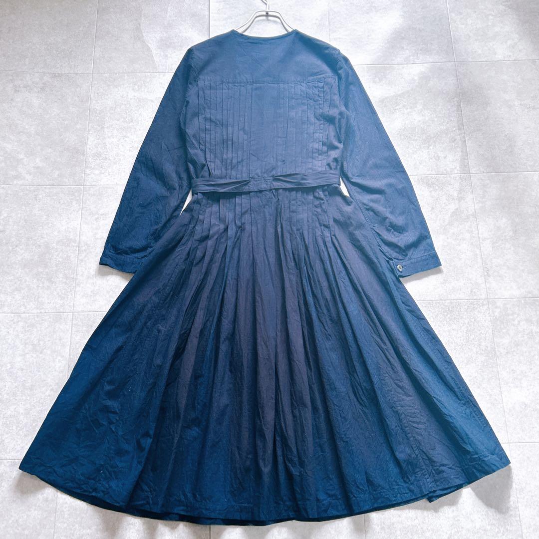 美品✨45R ロングワンピース インディゴ ベルト フレア ピンタック R刺繍