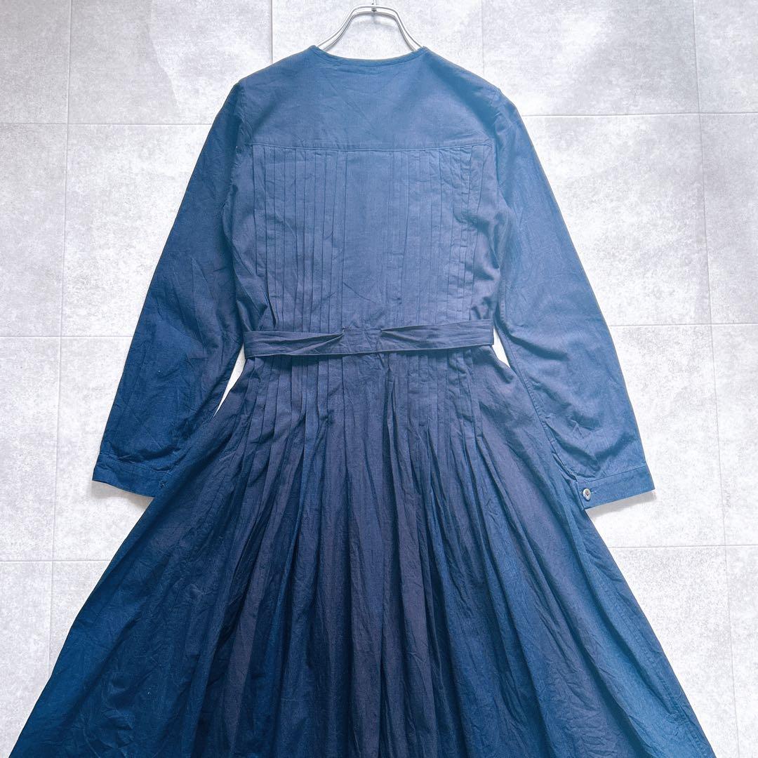 美品✨45R ロングワンピース インディゴ ベルト フレア ピンタック R刺繍