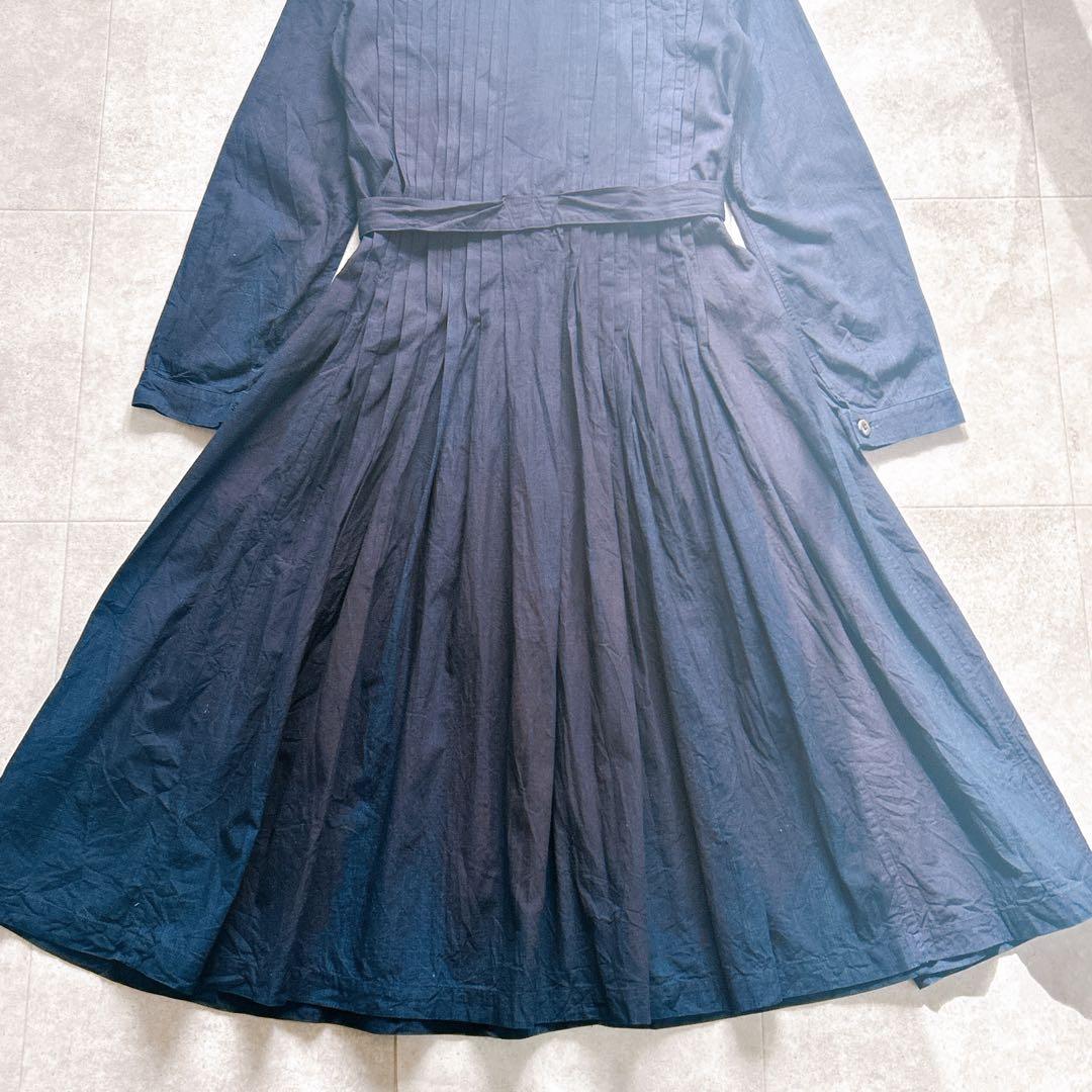 美品✨45R ロングワンピース インディゴ ベルト フレア ピンタック R刺繍