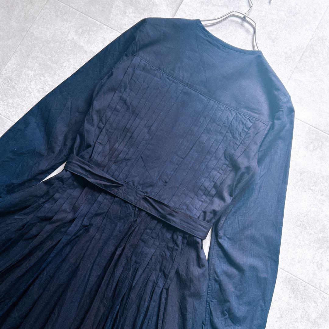 美品✨45R ロングワンピース インディゴ ベルト フレア ピンタック R刺繍