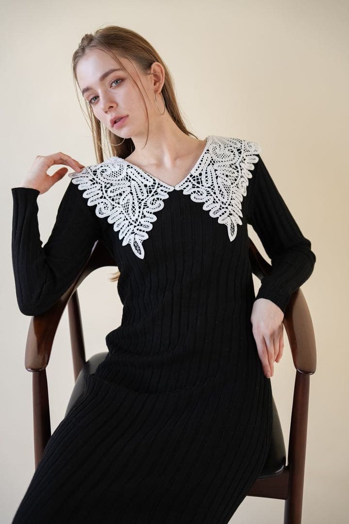 ワンピース Acka lace collar knit one-piece