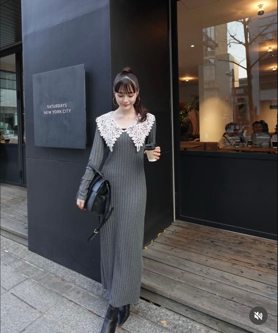 ワンピース Acka lace collar knit one-piece