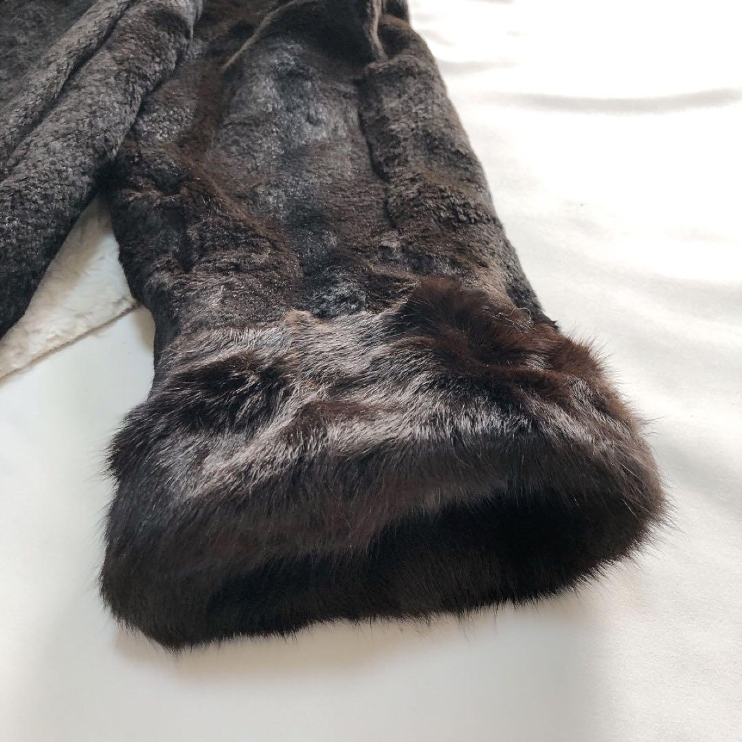 フーテッドリアルファーコート　リス　フード　ロング丈　毛皮　ブラウン