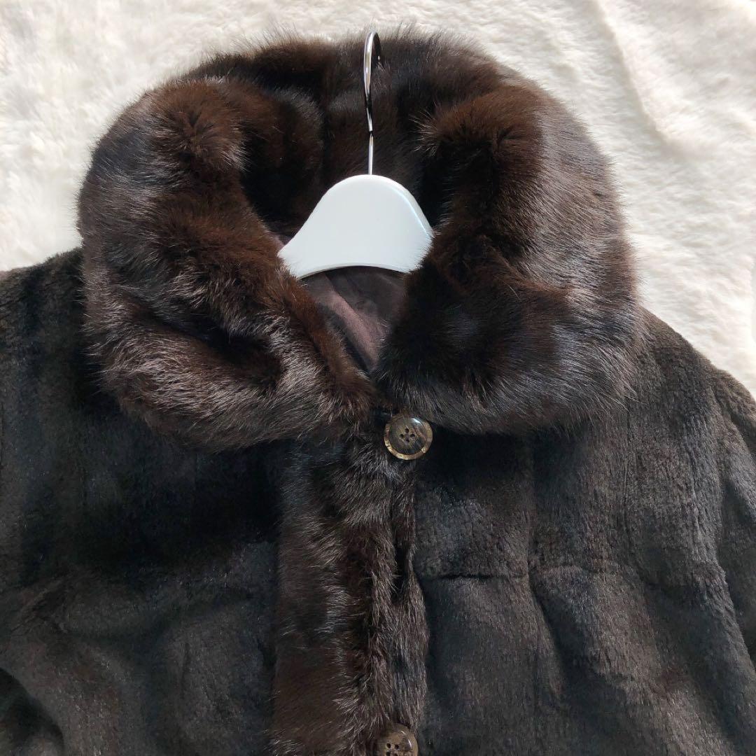 フーテッドリアルファーコート　リス　フード　ロング丈　毛皮　ブラウン
