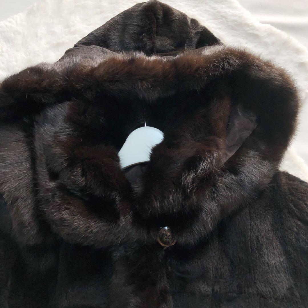 フーテッドリアルファーコート　リス　フード　ロング丈　毛皮　ブラウン