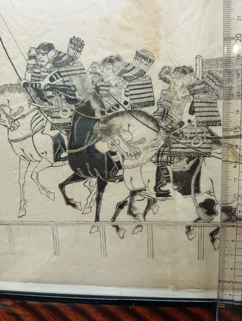 江戸時代後期幕末頃武家旧家蔵出馬上武者絵図古文書資料横幅４４Ｘ縦３２センチ額装品