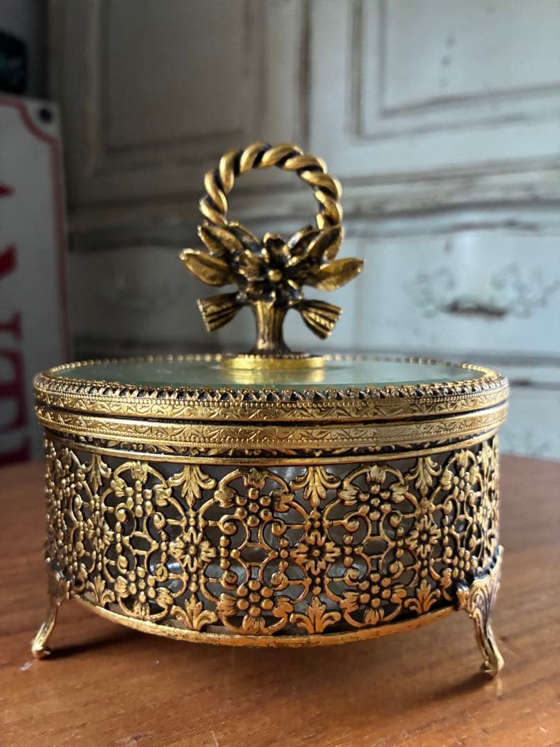 フランス　アンティーク　オルモル　ガラス　ジュエリー　ボックス　真鍮　美品　レア