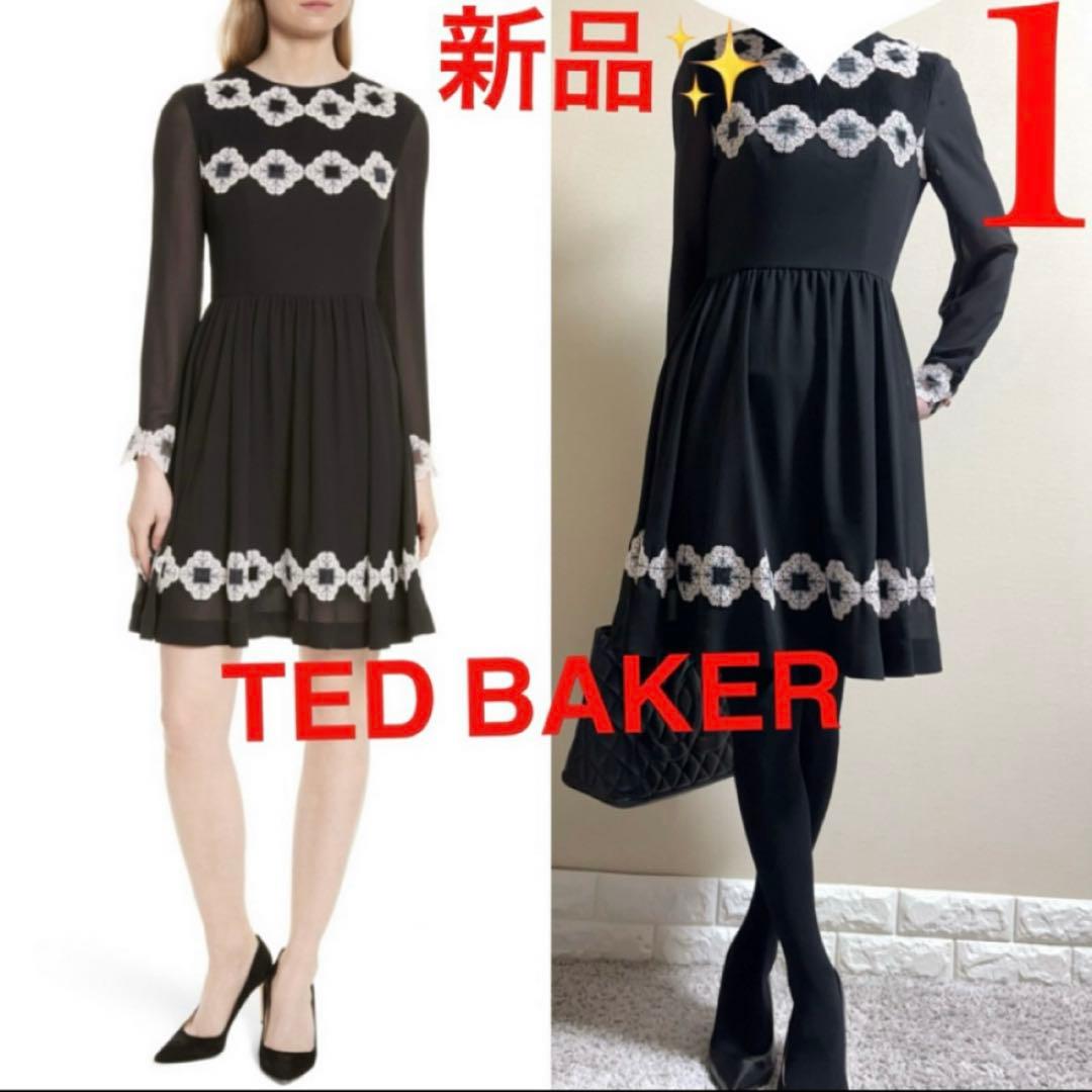 新品！テッドベイカー　Ted Baker フラワー　ワンピース　S 黒　結婚式