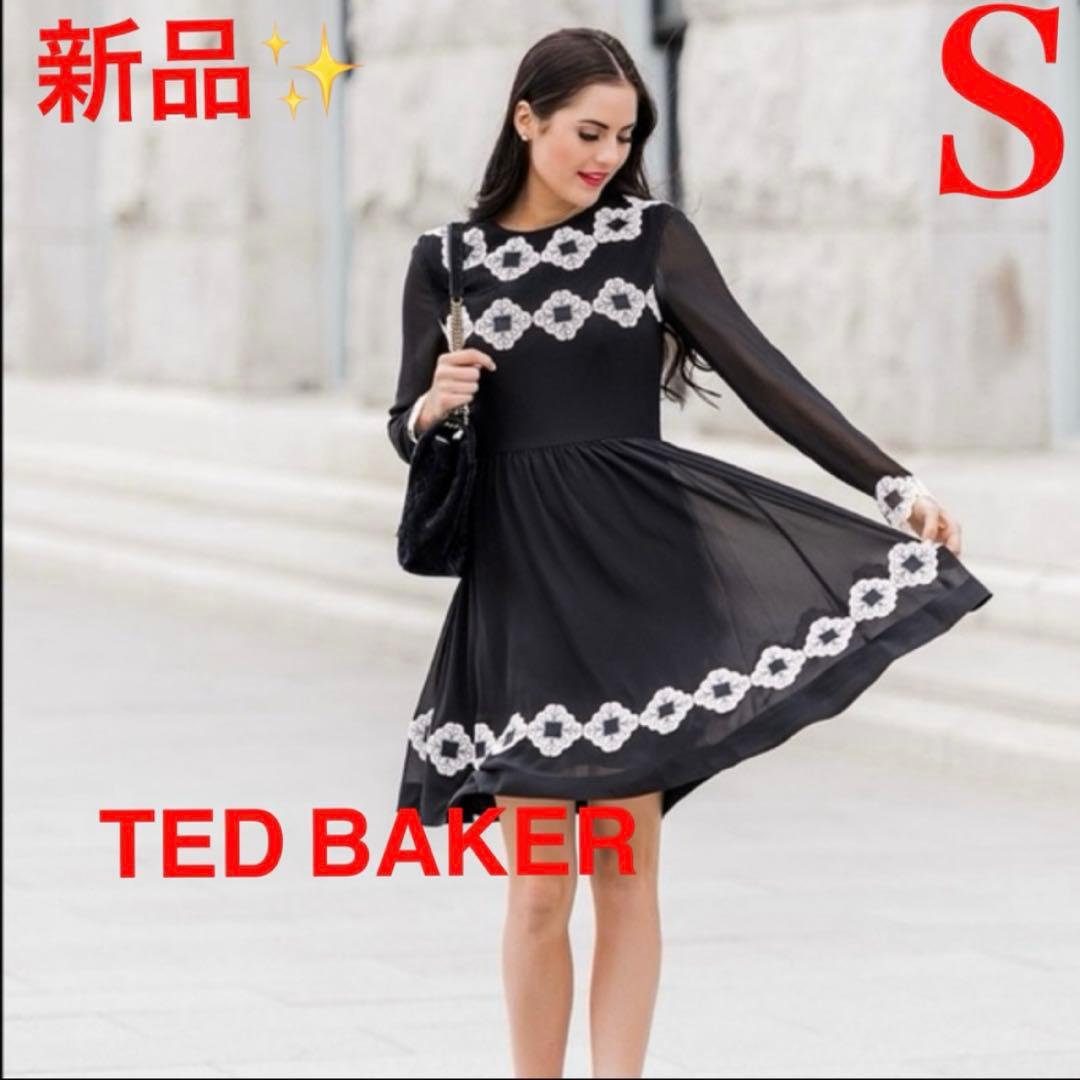 新品！テッドベイカー　Ted Baker フラワー　ワンピース　S 黒　結婚式
