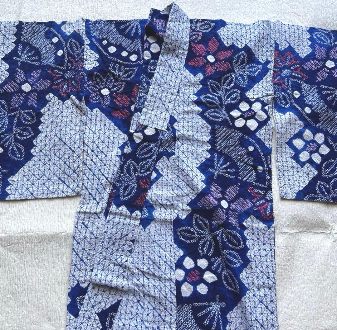 美品 絞り浴衣 有松鳴海 ブルー 手縫い 高級 トールサイズ