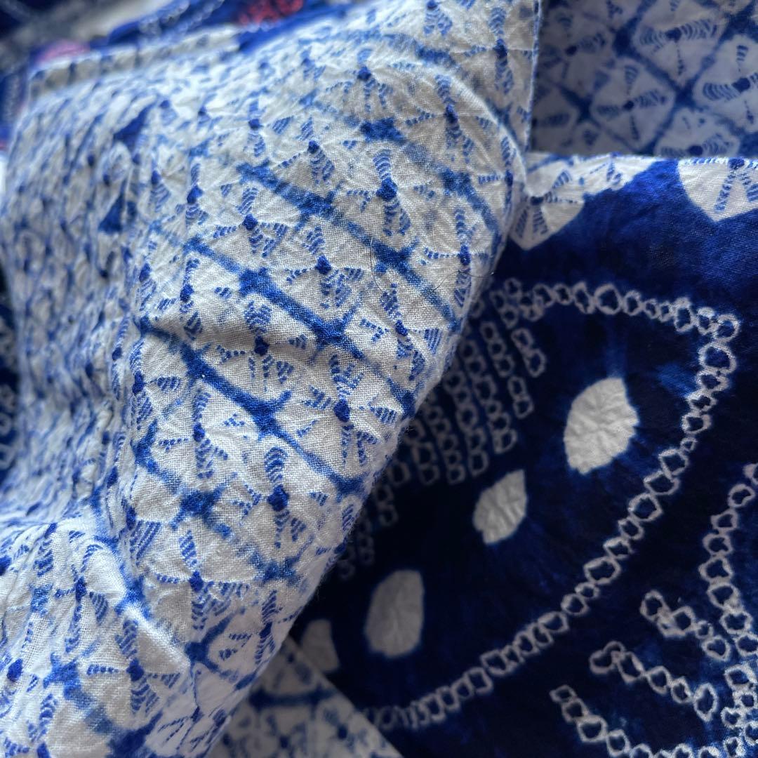 美品 絞り浴衣 有松鳴海 ブルー 手縫い 高級 トールサイズ