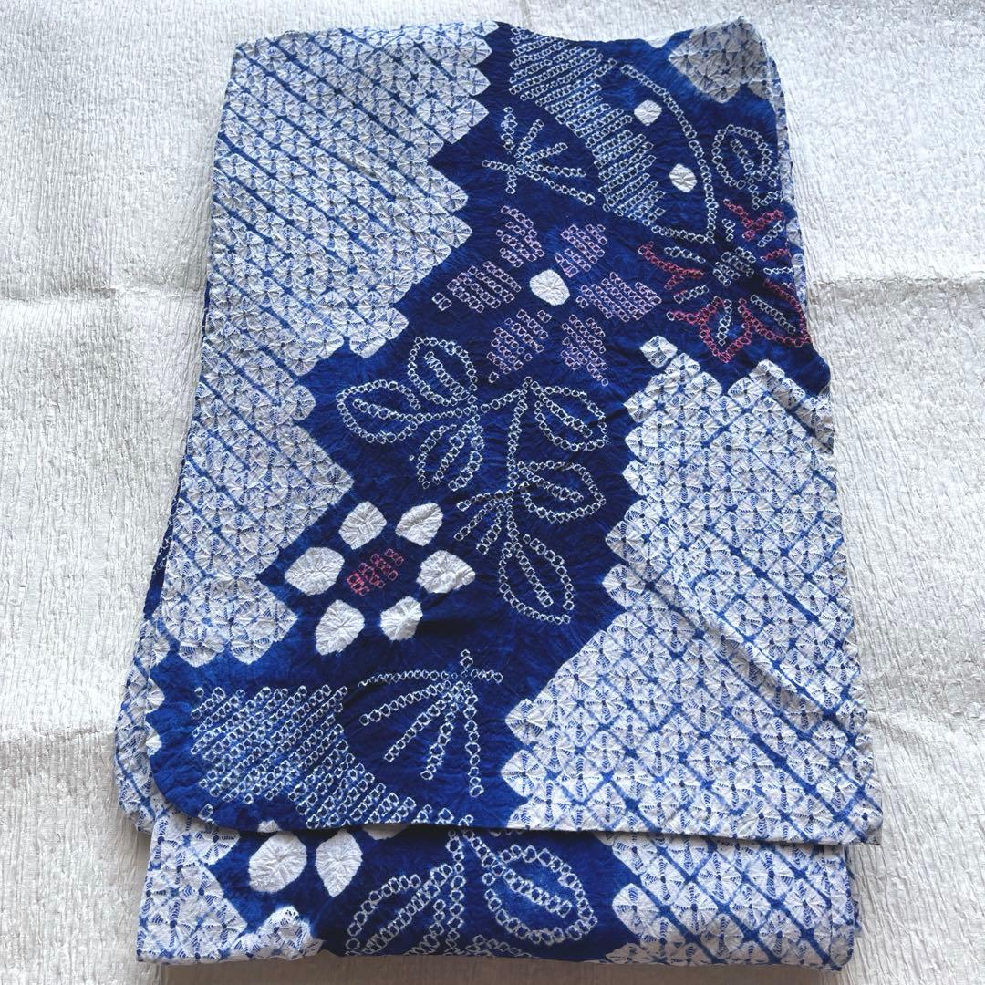 美品 絞り浴衣 有松鳴海 ブルー 手縫い 高級 トールサイズ